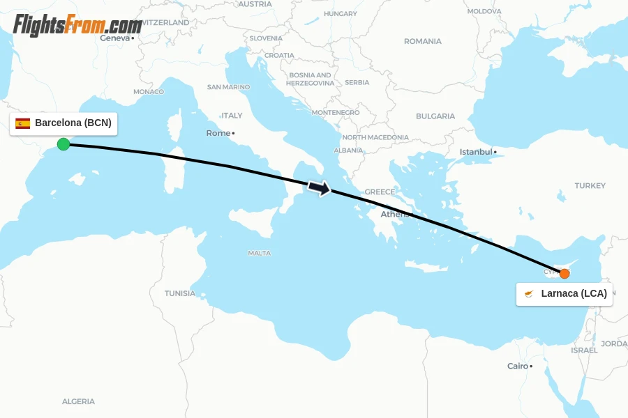 Flights from Barcelona to Larnaca route map