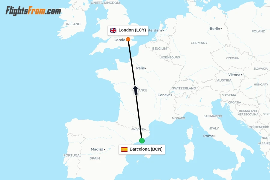 Flights from Barcelona to London route map