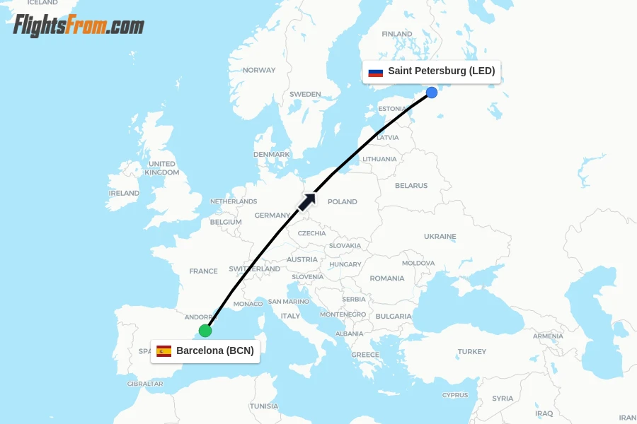 Flights from Barcelona to Saint Petersburg route map