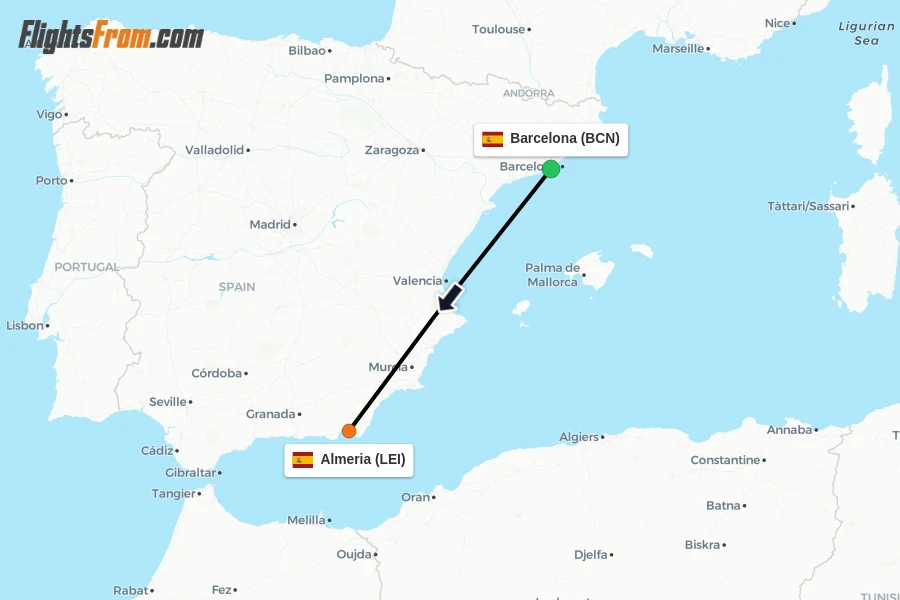Flights from Barcelona to Almeria route map