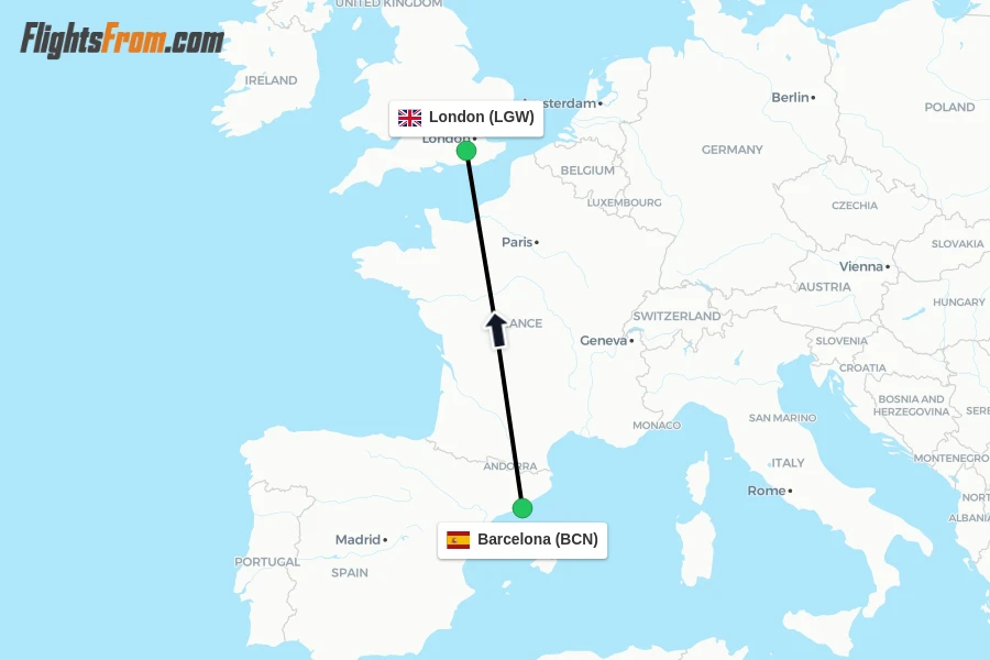Flights from Barcelona to London route map