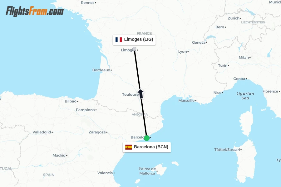 Flights from Barcelona to Limoges route map