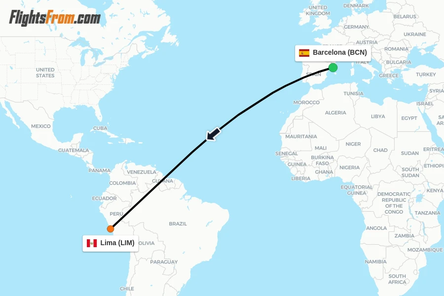 Flights from Barcelona to Lima route map