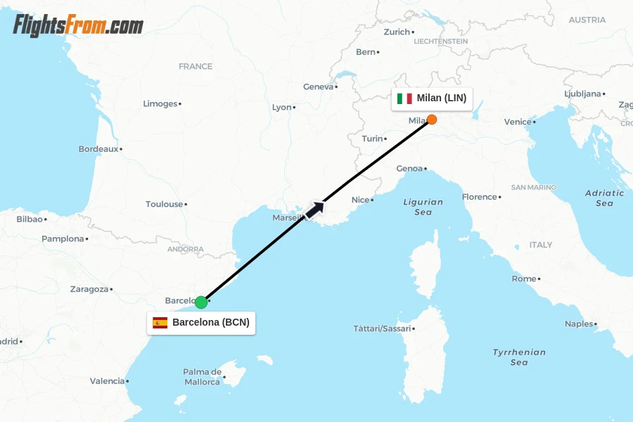 Flights from Barcelona to Milan route map