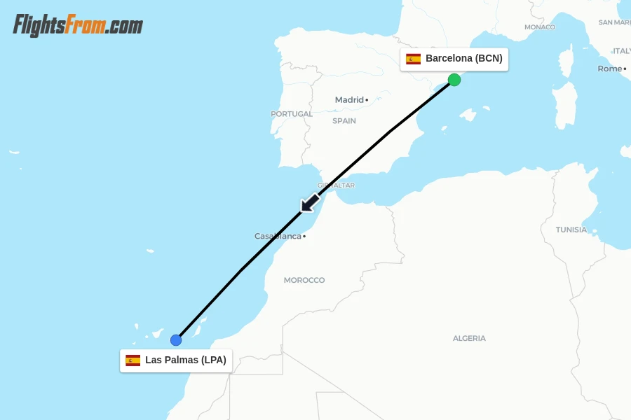 Flights from Barcelona to Las Palmas route map