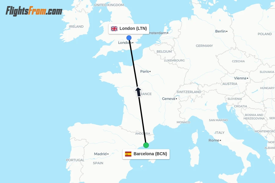 Flights from Barcelona to London route map