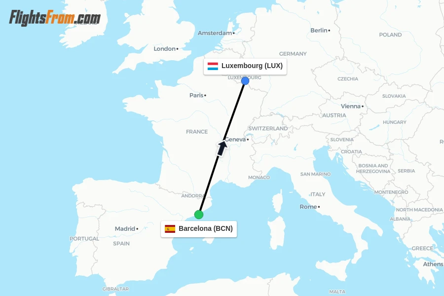 Flights from Barcelona to Luxembourg route map