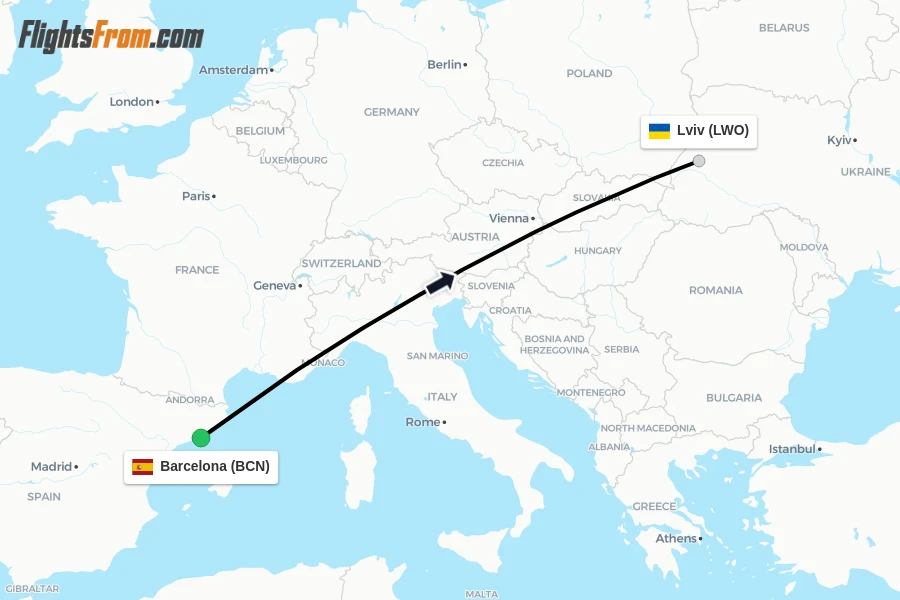 Flights from Barcelona to Lviv route map