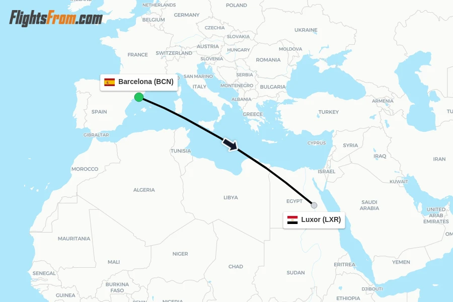 Flights from Barcelona to Luxor route map