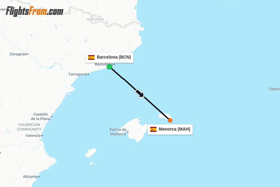Flights from Barcelona to Menorca route map