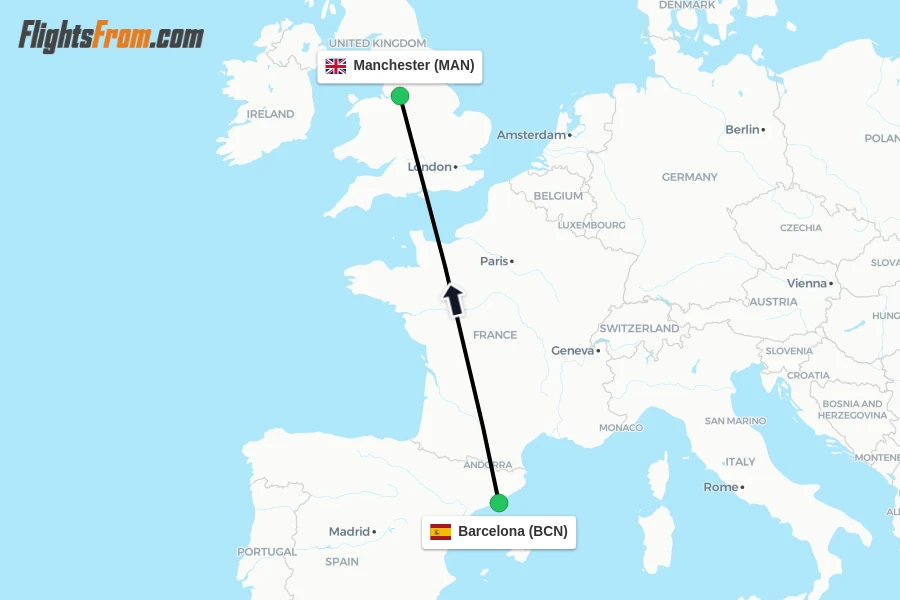 Flights from Barcelona to Manchester route map