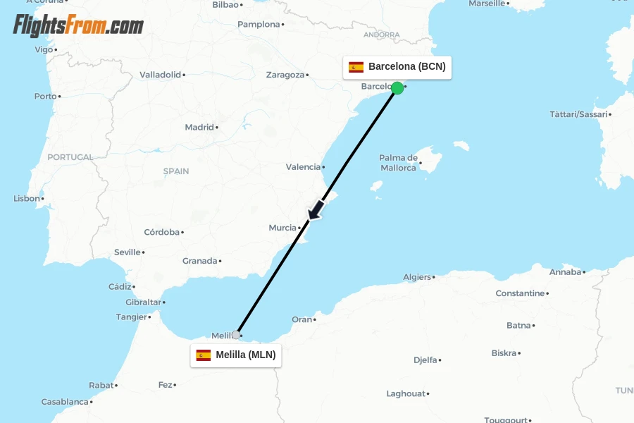 Flights from Barcelona to Melilla route map
