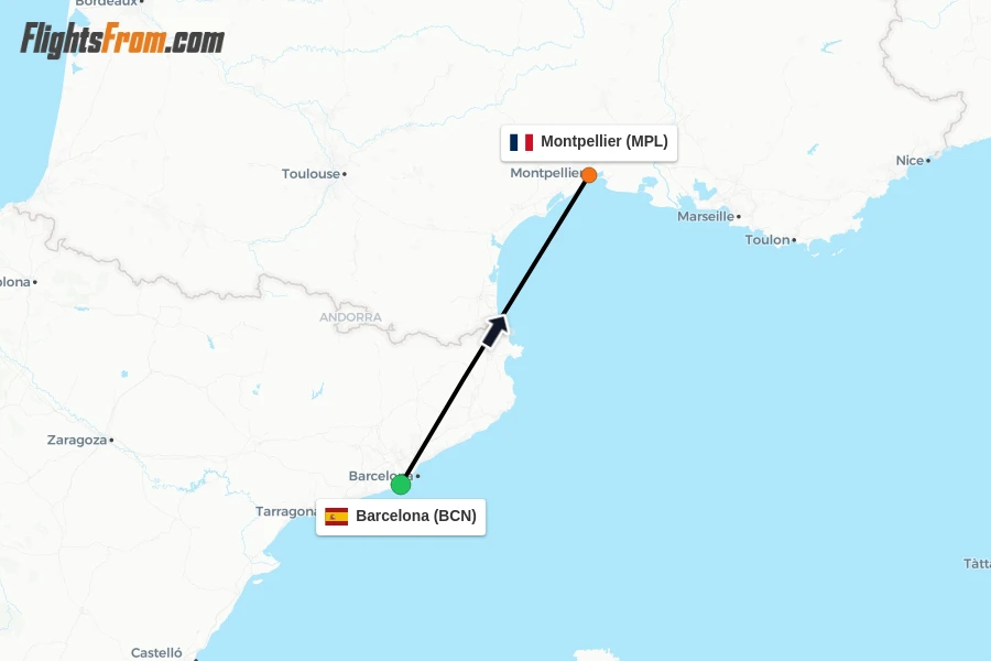 Flights from Barcelona to Montpellier route map