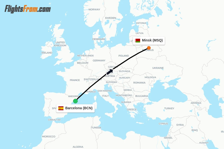 Flights from Barcelona to Minsk route map