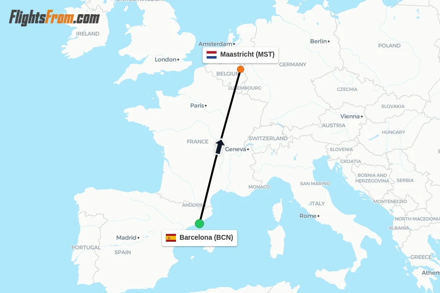 Flights from Barcelona to Maastricht route map