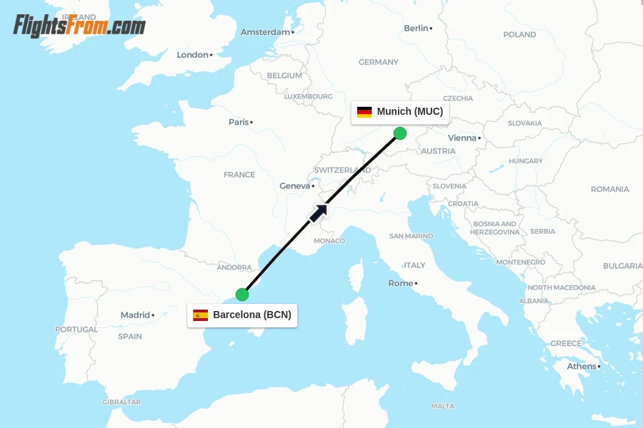 Flights from Barcelona to Munich route map