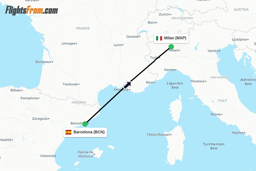 Flights from Barcelona to Milan route map