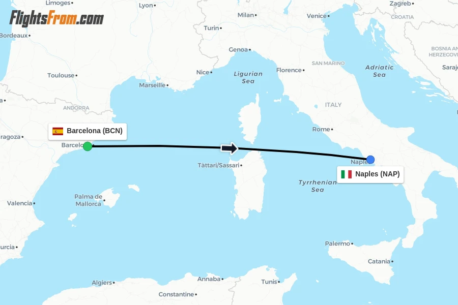 Flights from Barcelona to Naples route map