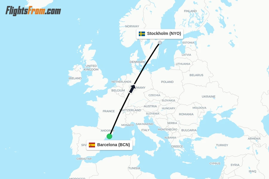 Flights from Barcelona to Stockholm route map