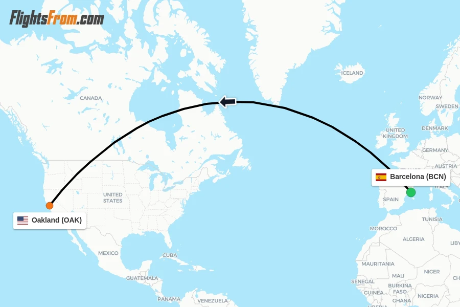 Flights from Barcelona to Oakland route map