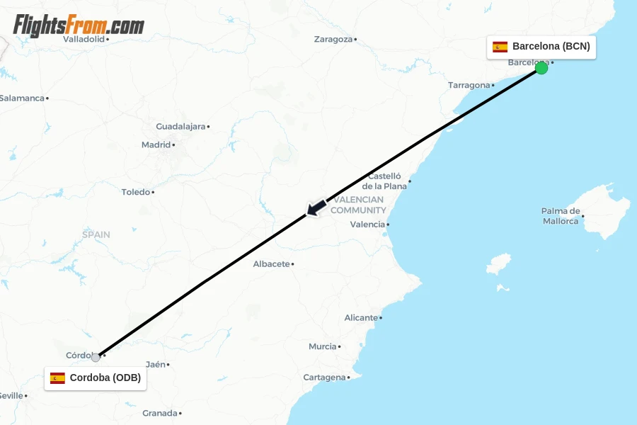 Flights from Barcelona to Cordoba route map