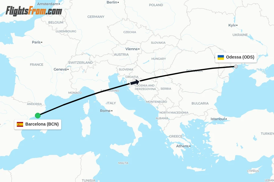 Flights from Barcelona to Odessa route map