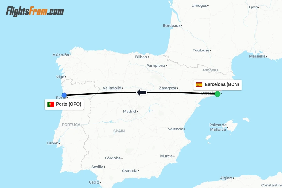 Flights from Barcelona to Porto route map