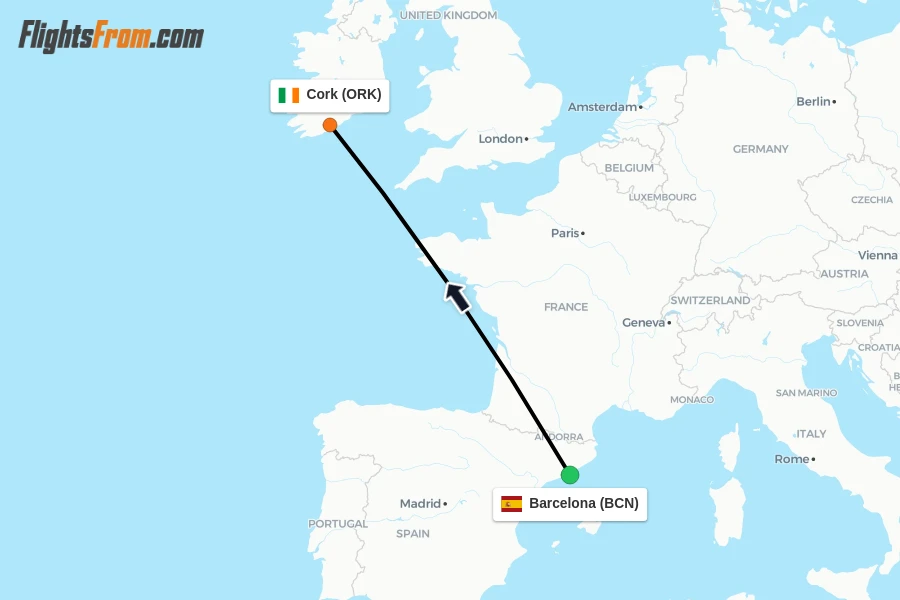 Flights from Barcelona to Cork route map