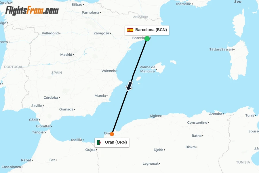 Flights from Barcelona to Oran route map