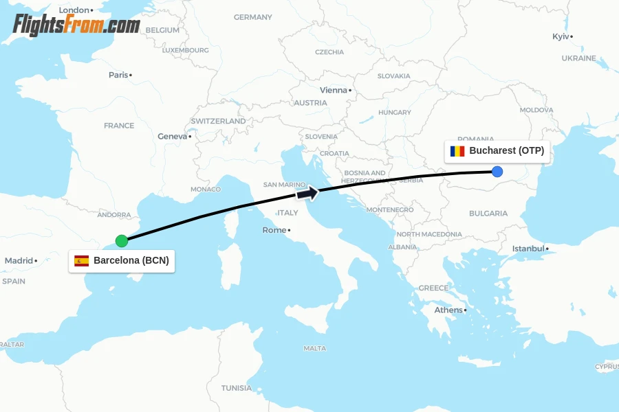 Flights from Barcelona to Bucharest route map