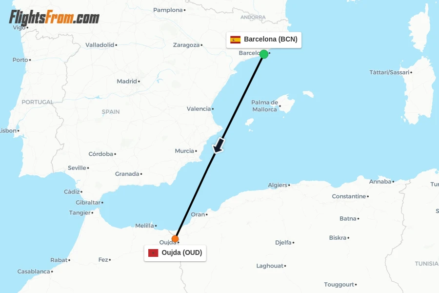 Flights from Barcelona to Oujda route map