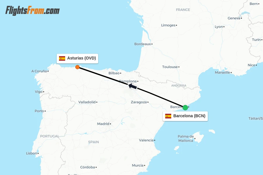 Flights from Barcelona to Asturias route map