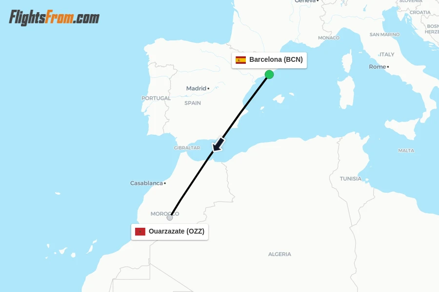 Flights from Barcelona to Ouarzazate route map