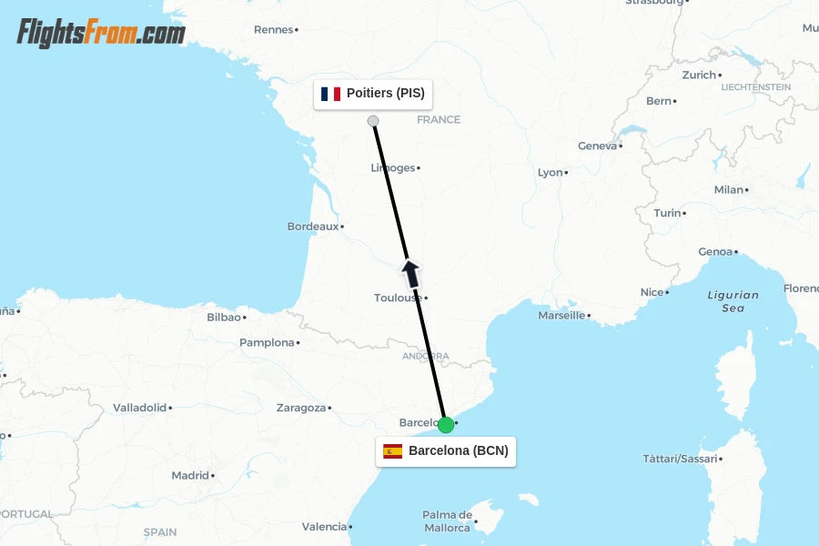 Flights from Barcelona to Poitiers route map