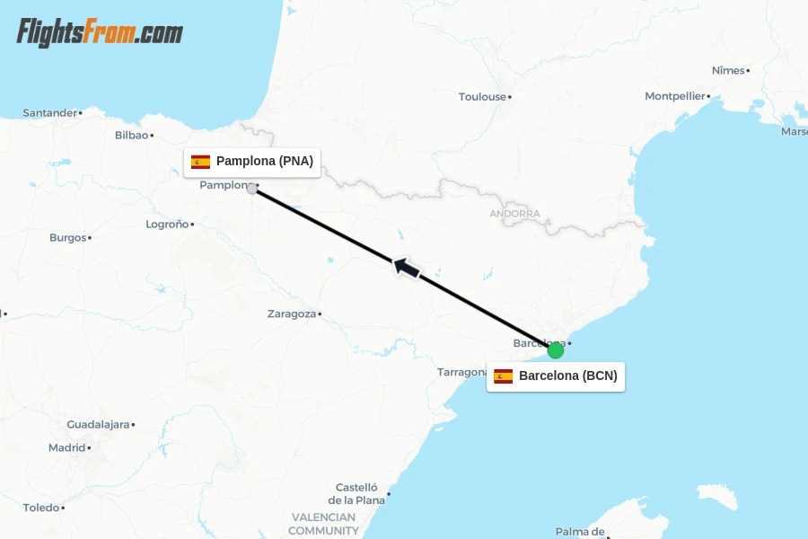 Flights from Barcelona to Pamplona route map