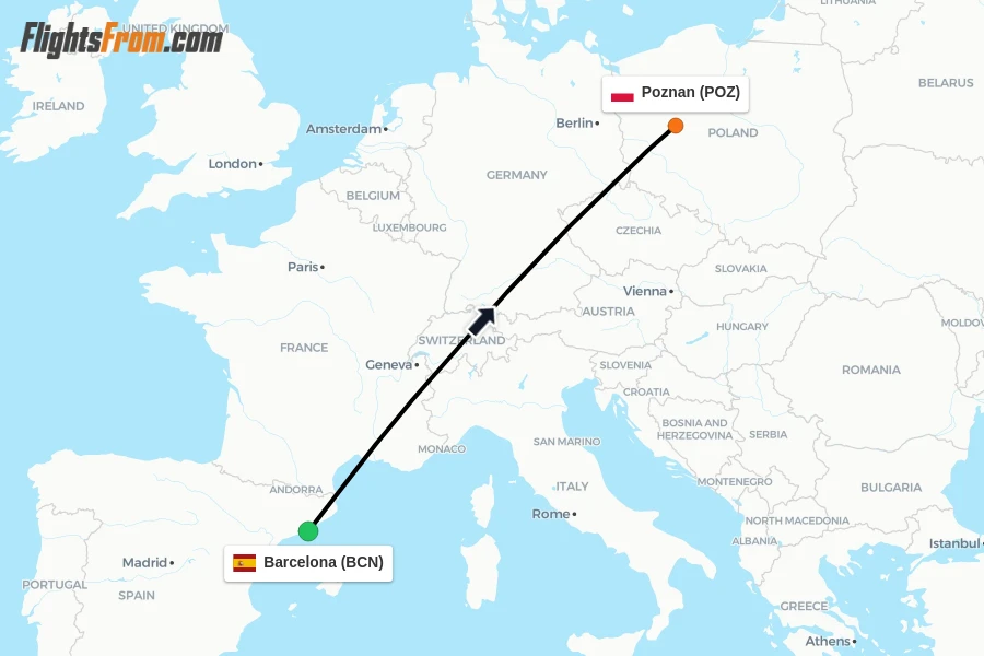 Flights from Barcelona to Poznan route map
