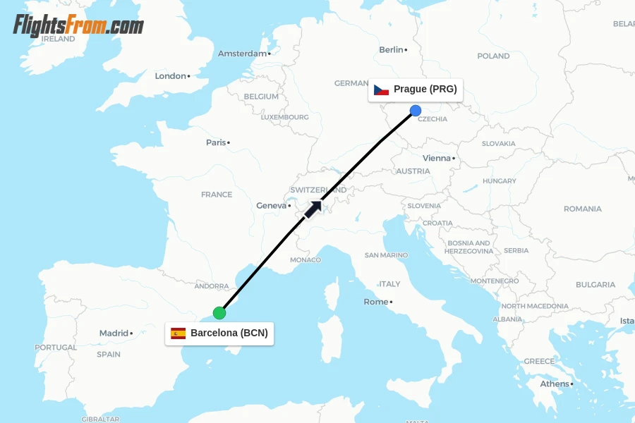 Flights from Barcelona to Prague route map