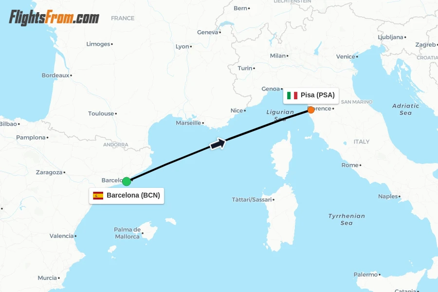 Flights from Barcelona to Pisa route map