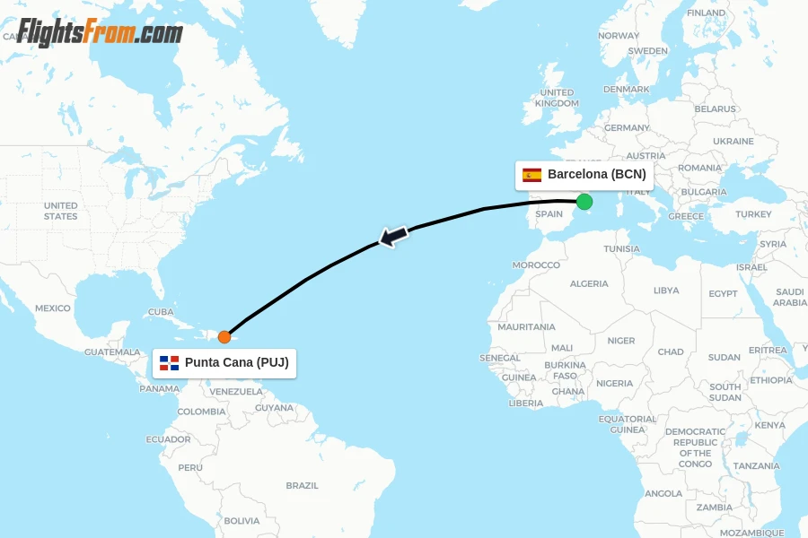 Flights from Barcelona to Punta Cana route map