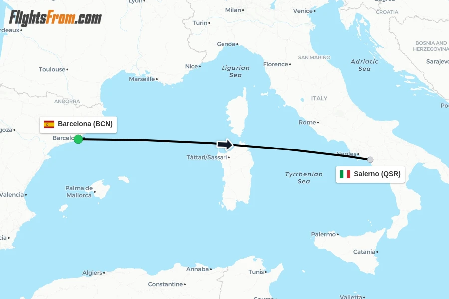 Flights from Barcelona to Salerno route map