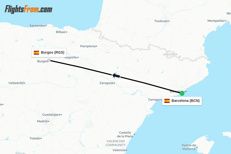 Flights from Barcelona to Burgos route map