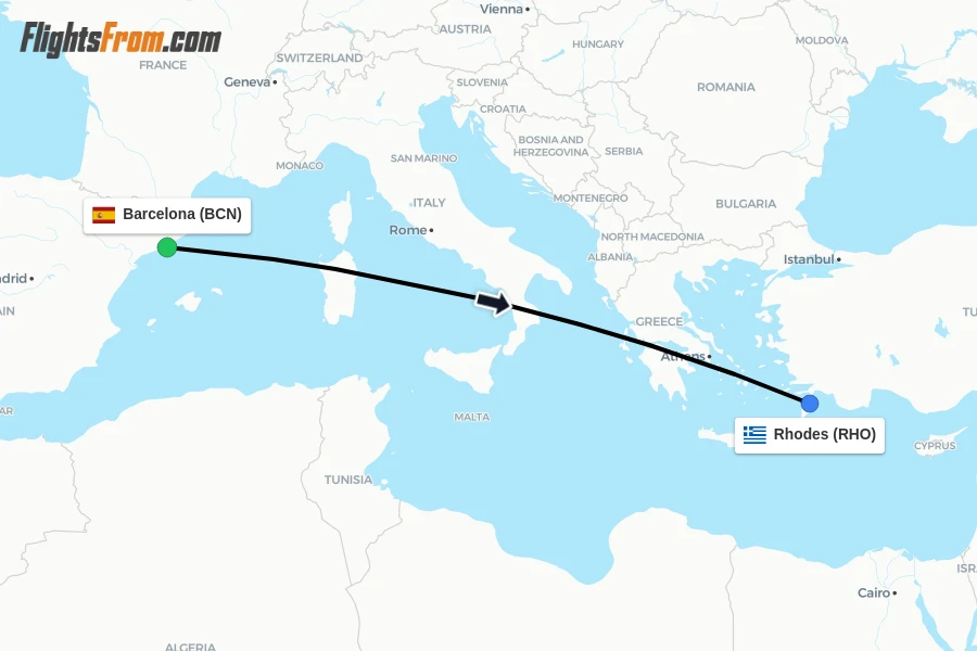 Flights from Barcelona to Rhodes route map
