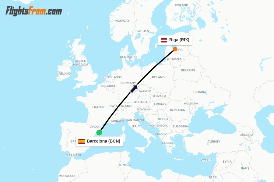 Flights from Barcelona to Riga route map