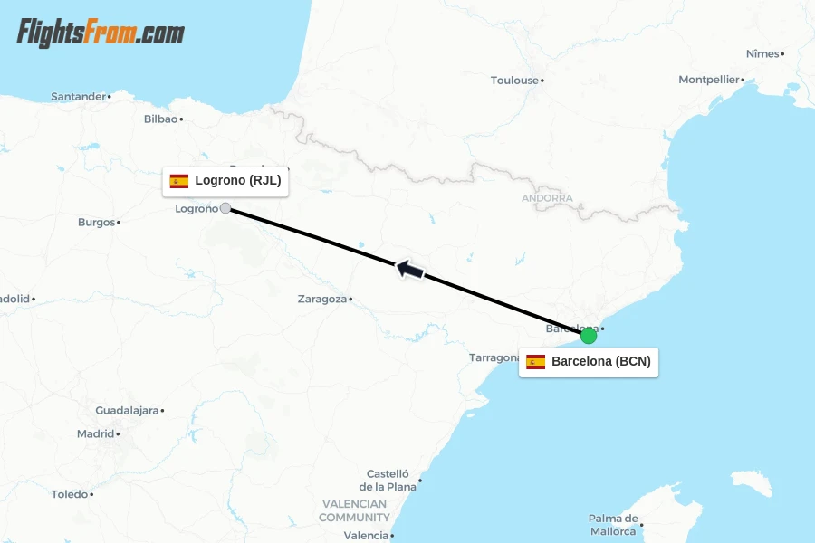 Flights from Barcelona to Logrono route map