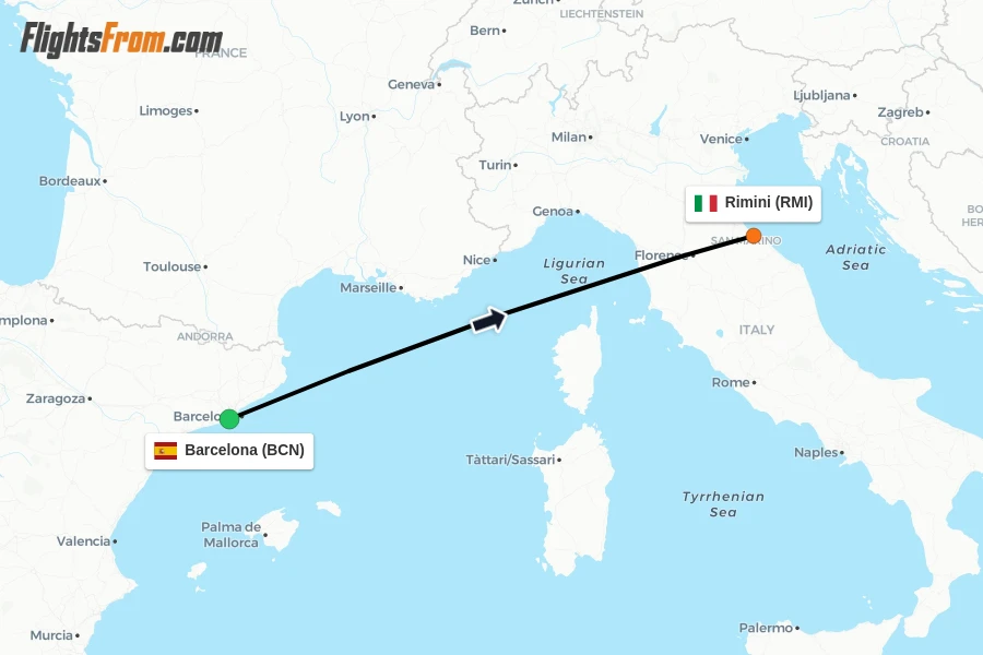 Flights from Barcelona to Rimini route map