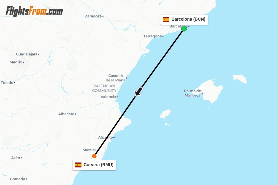 Flights from Barcelona to Corvera route map
