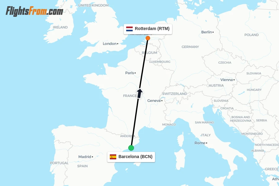 Flights from Barcelona to Rotterdam route map