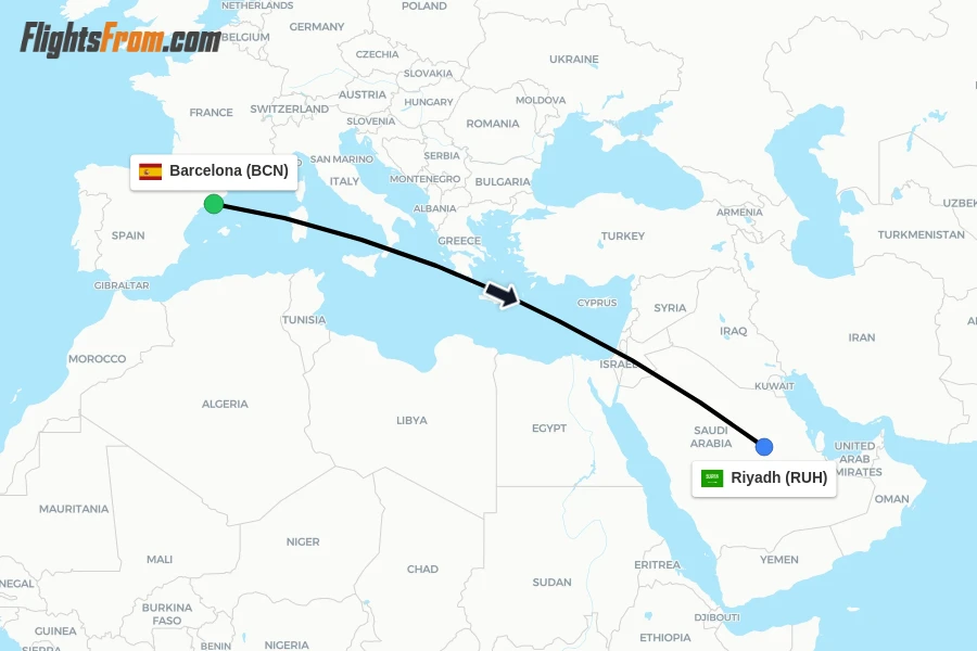 Flights from Barcelona to Riyadh route map