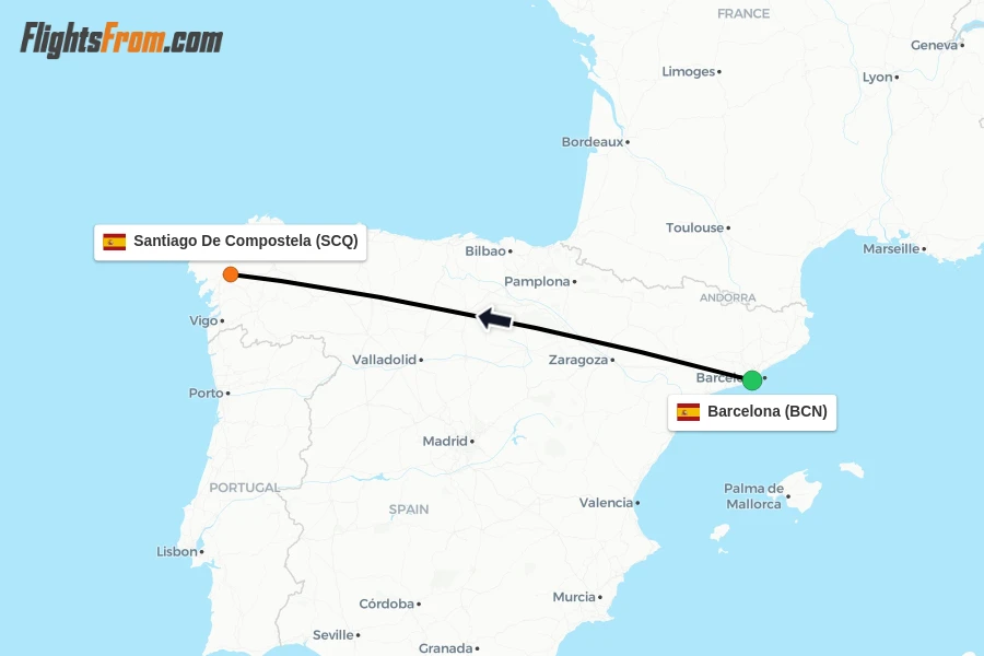 Flights from Barcelona to Santiago De Compostela route map