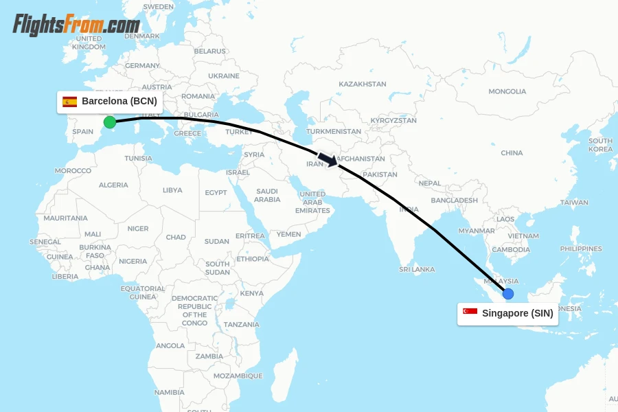 Flights from Barcelona to Singapore route map